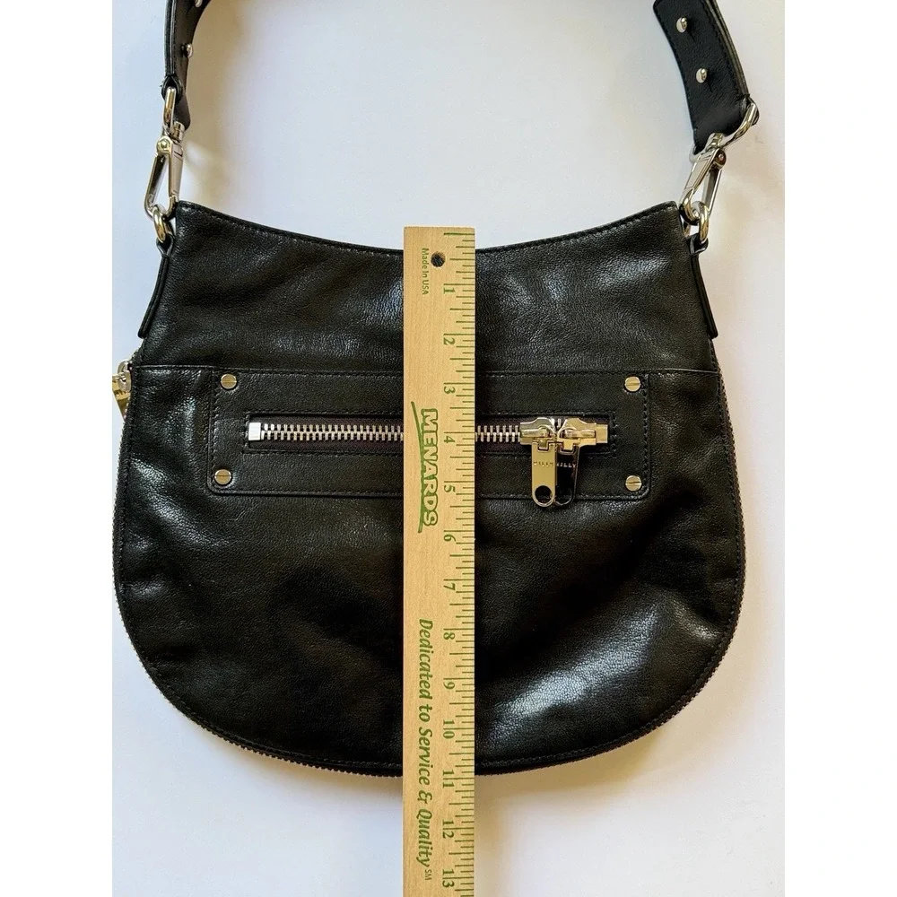 MILLY Black Leather Hobo Bag Expandable Bottom Silver Zip Shoulder Bag NWOT